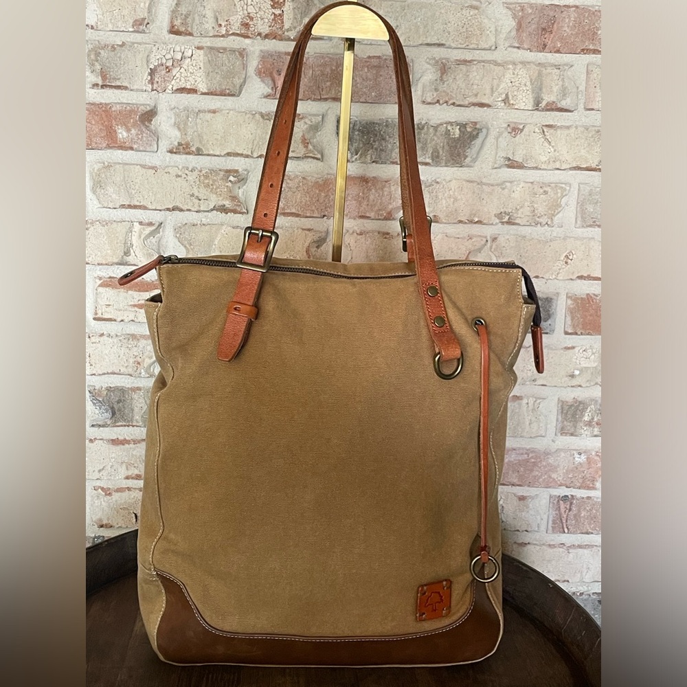 Canvas Tote Bag with Leather Trim - Brown